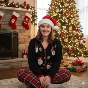 Vtg Ugly Christmas Sweater Unique Whimsical Santas Kitsch Maximalist Sz-XL